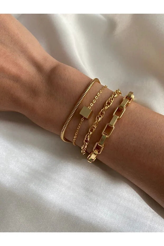 Cube Layered Bracelet Set Adjustable Four Piece Stackable Modern