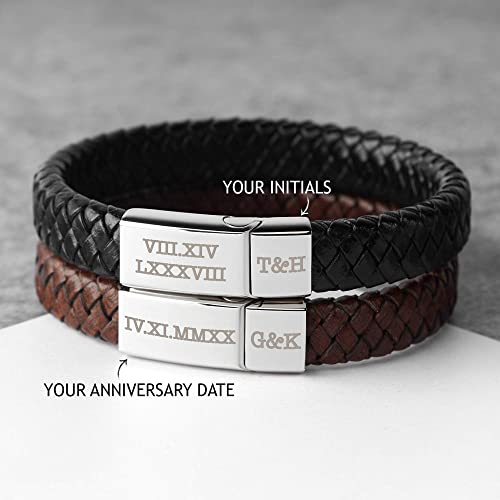 Herrenarmband mit eingravierten römischen Ziffern, geflochtenes Lederarmband