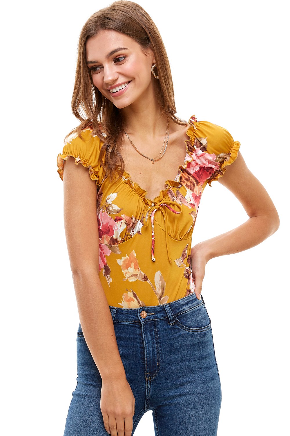 Floral bedruckter Bodysuit im Peasant-Stil