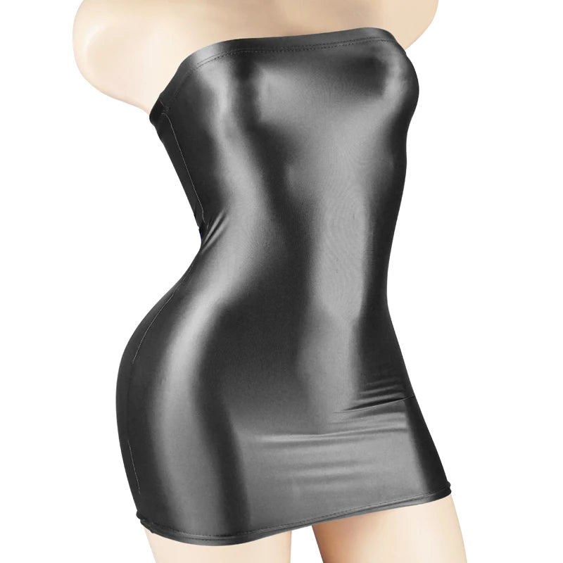 Sexy Oil Satin Glossy Shiny Sheer Micro Mini Dress See Through Bodycon