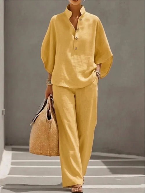 Fashion Cotton Linen Button Stand Collar 9 Quarter Sleeves Loose