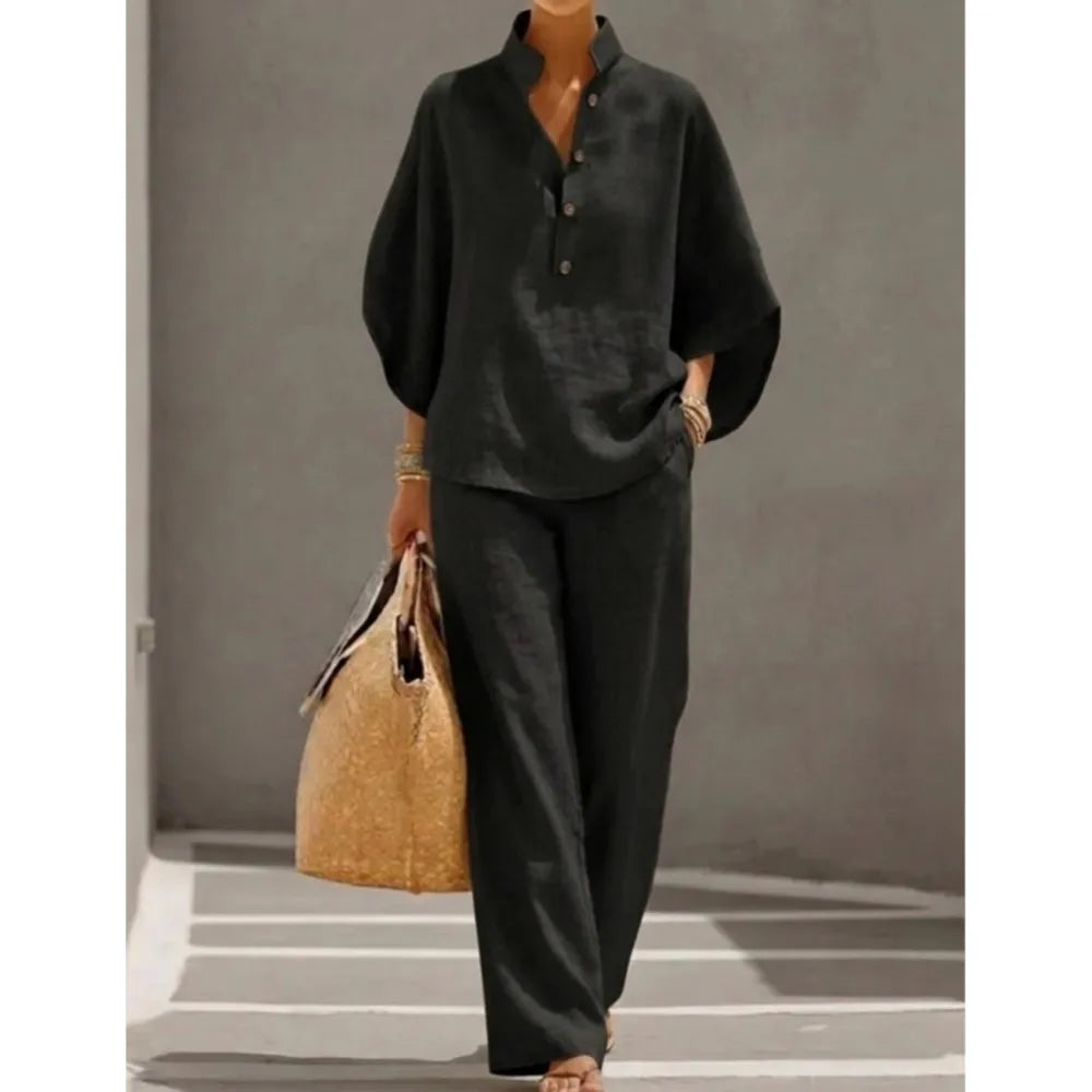 Fashion Cotton Linen Button Stand Collar 9 Quarter Sleeves Loose