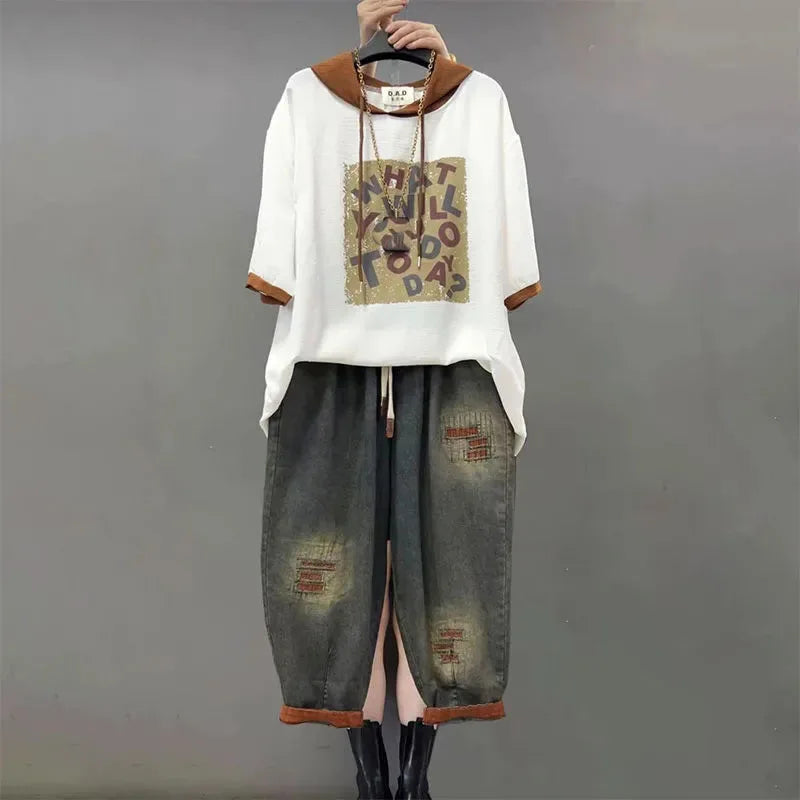 Jeans Set Women Denim Pants Two Piece Set 2025 New Loose Plus size