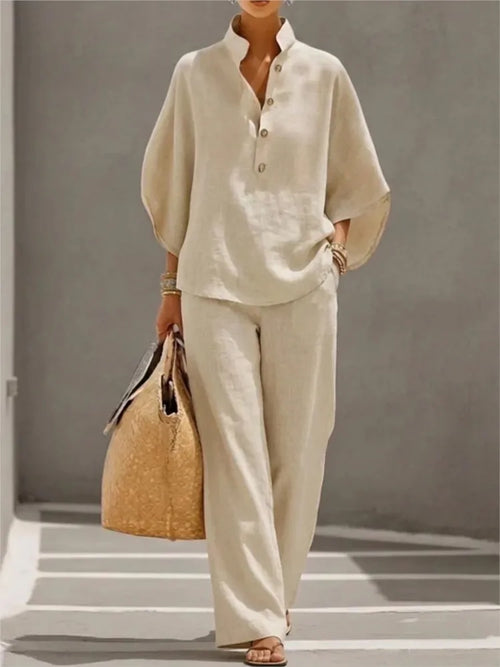 Fashion Cotton Linen Button Stand Collar 9 Quarter Sleeves Loose