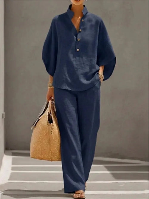 Fashion Cotton Linen Button Stand Collar 9 Quarter Sleeves Loose