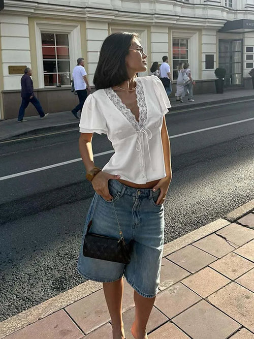 Women Solid Lace Tops V-Neck Short Sleeves Satin Slim Regular