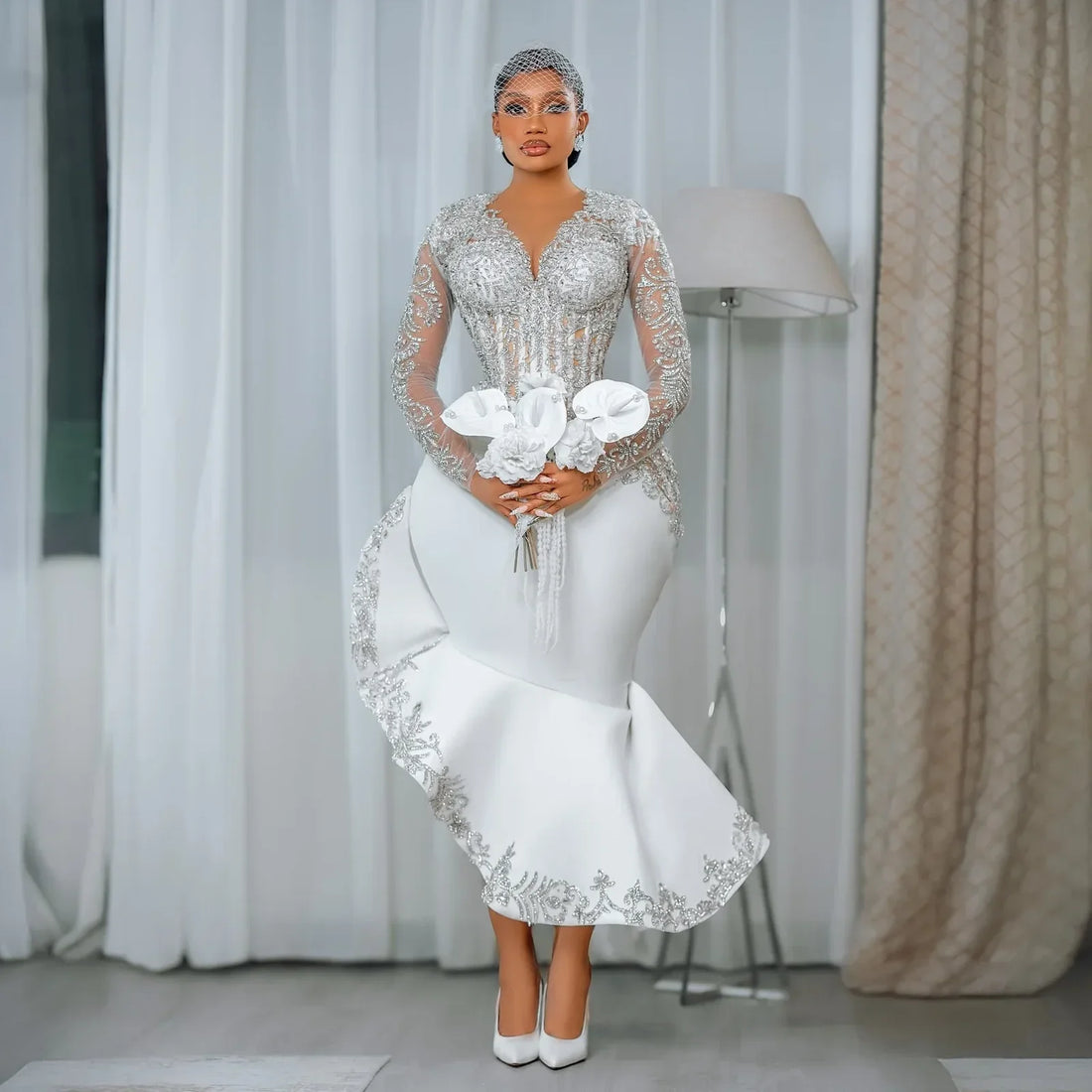 Customized African Long Sleeve Bride Dress Lace Beaded Mermaid Wedding Dress Black Women&