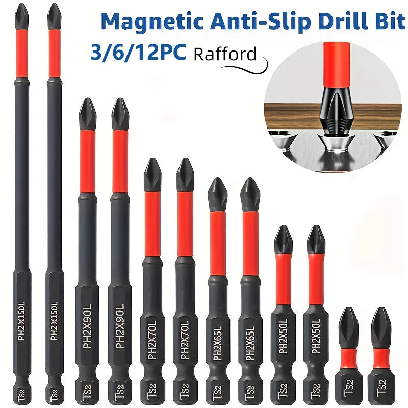 Magnetisches Antirutsch-Bohrer-Set, 3/6/12-teilig, S2-Stahl, Kreuzkopf- und Schlagbohrer, geeignet für Elektro- und Handschrauber