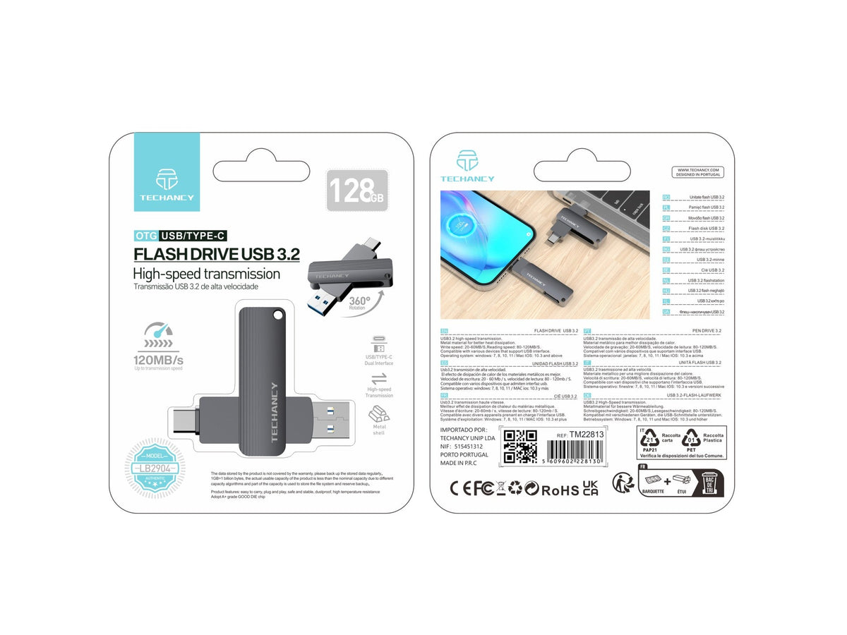 Techancy Unidade Flash Usb3.2 De Alta Velocidade LB2904, 128 GB,
