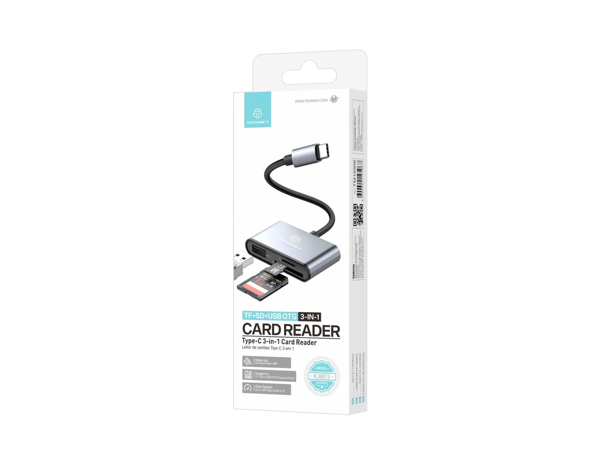 Techancy Leitor de Cartoes KJ8813 USB-C 3 em 1 TF SD USB OTG Plug and