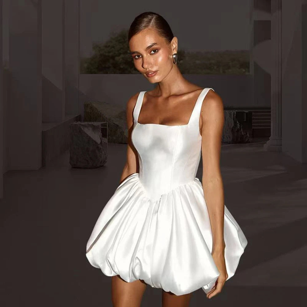 Customized Elegant Bridal Pleated Short Prom Dress Spaghetti Straps Wedding Dress With Bow Fashion Satin Mini vestido de novia