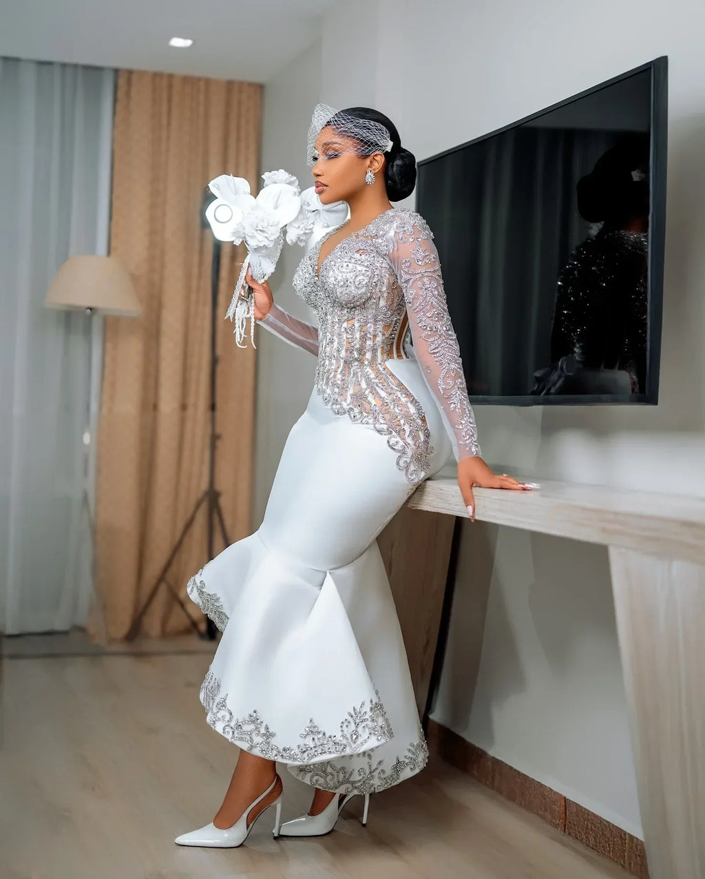 Customized African Long Sleeve Bride Dress Lace Beaded Mermaid Wedding Dress Black Women's Birthday Party Dress Size Up