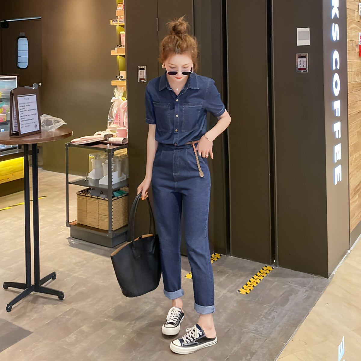 Sommer Neuer Kurzärmeliger Jumpsuit Overall Jeans Kleidung Damen