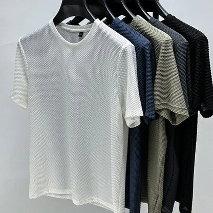 Herren Kurzarm Mesh Bambus Eisseide T-Shirt Lässiges Vielseitiges Sommer Elastisches Schlankheits-Oberteil für Herren