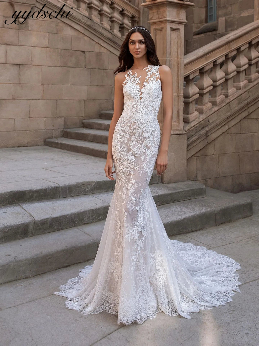 Customized Sexy Appliques Lace Tulle Mermaid Illusion Wedding Dresses For Woman 2025 Court Train Bridal Gowns vestidos de novia