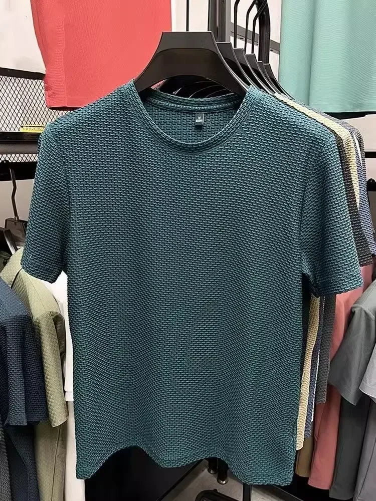 Men's Short Sleeve Mesh Bamboo Ice Silk T-shirt Casual Versatile Summer Elastic Slimming Top for Men