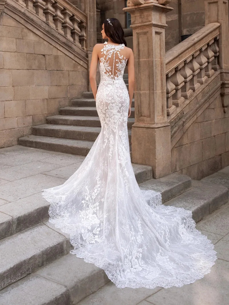Customized Sexy Appliques Lace Tulle Mermaid Illusion Wedding Dresses For Woman 2025 Court Train Bridal Gowns vestidos de novia