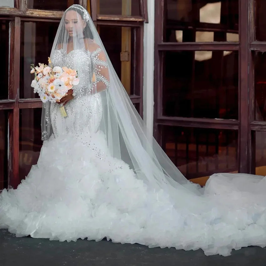 Customized African Elegant Ruffled Mermaid Wedding Dress 2025 New Thick Crystal Beaded Dream Sleeve High Quality Wedding Dress