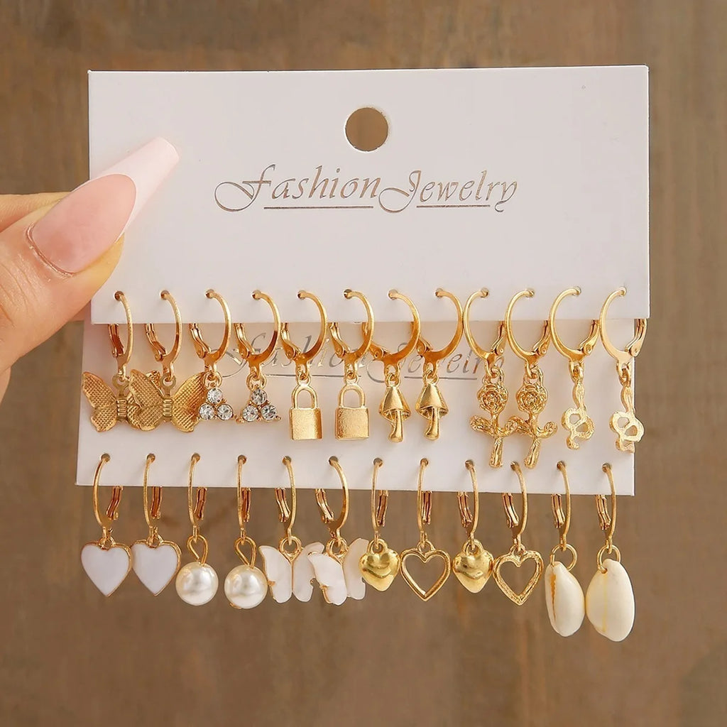 European and American metal earrings 24-piece set, fashionable and simple versatile alloy love pearl snake butterfly mushroom lo