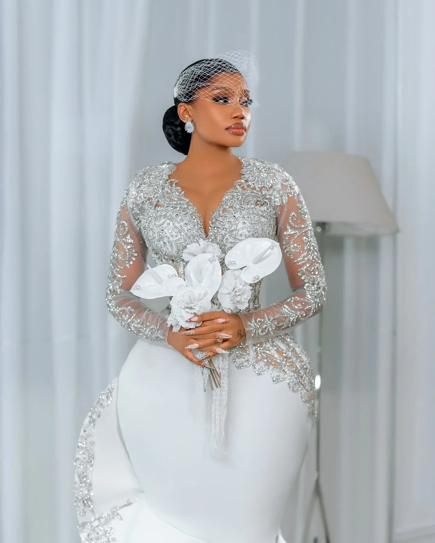 Customized African Long Sleeve Bride Dress Lace Beaded Mermaid Wedding Dress Black Women's Birthday Party Dress Size Up