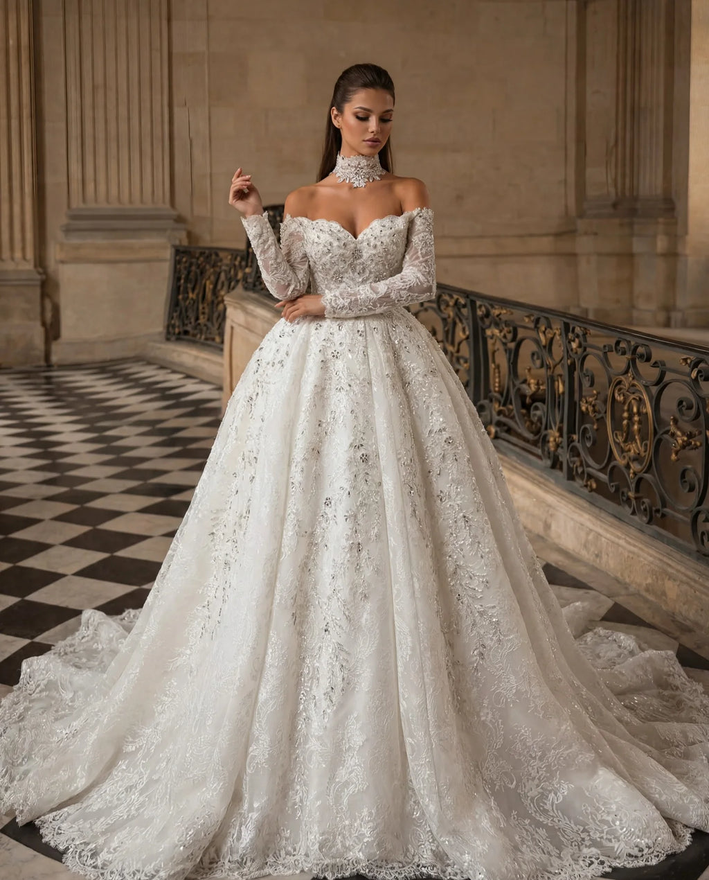 Luxury Crystal Beaded Prom Dresses Off Shoulder Long Sleeve A-line Wedding Dress Cathedral Tailored Retro Bride Dress Custom