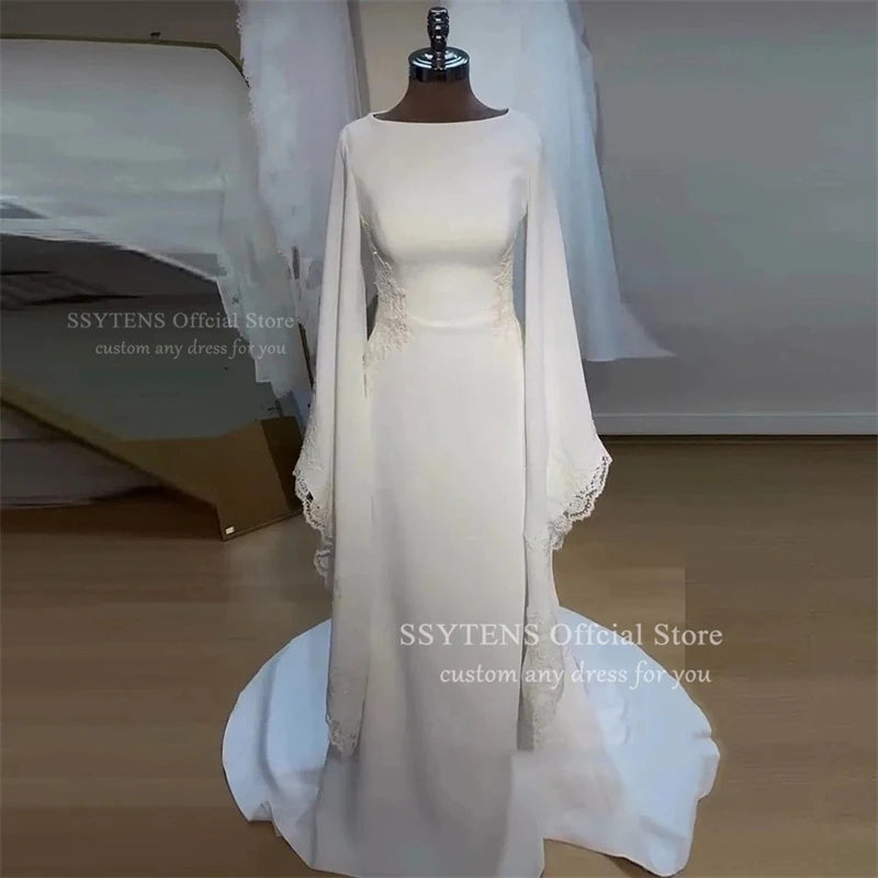 SSYTENS Modest Wedding Dresses Long Sleeves Boho Bride Dress O-Neck Appliques Muslim Bridal Gowns Customized Vestidos De Novia