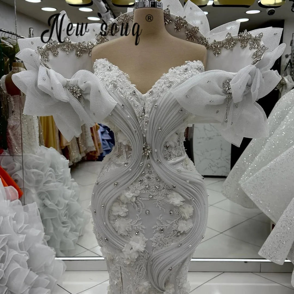 Gorgeous White Wedding Dresses Luxury Flowers African Mermaid Bridal Gown Off The Shoulder Lace Beading Vestido Novia Customized