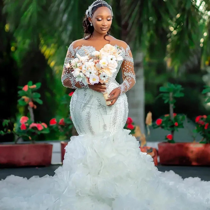 Customized African Elegant Ruffled Mermaid Wedding Dress 2025 New Thick Crystal Beaded Dream Sleeve High Quality Wedding Dress