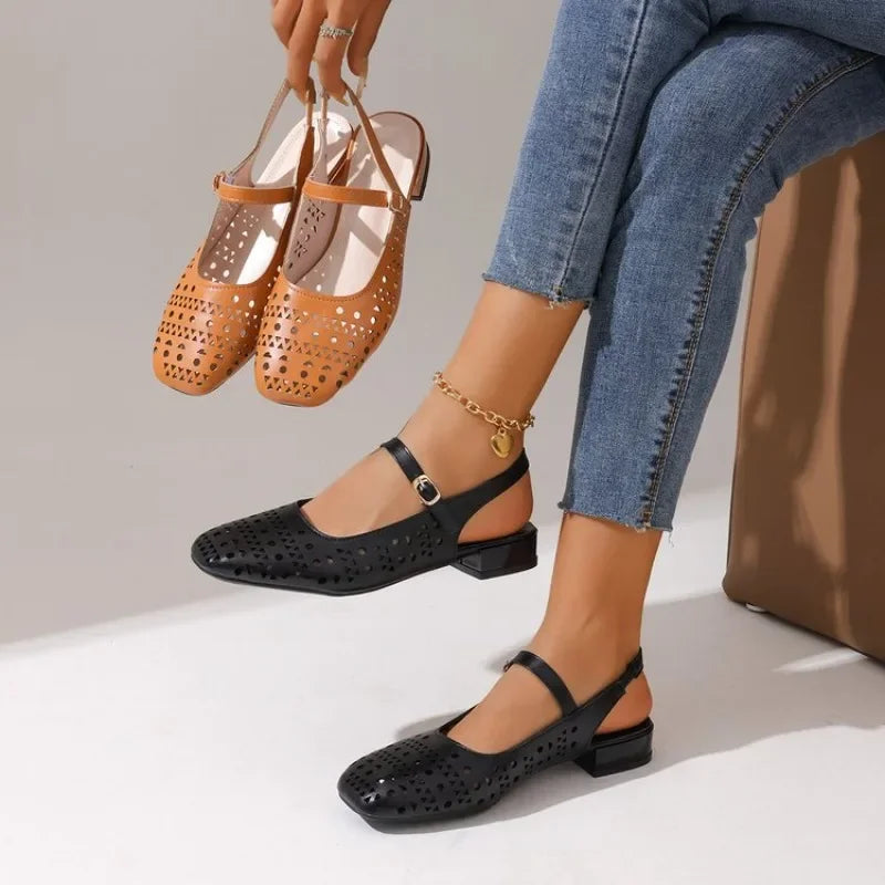 Women Square Toe Geometric Cutout Slingback Mary Jane Sandals Adjustable Single Strap with Metal Buckle Summer Casual Outfits