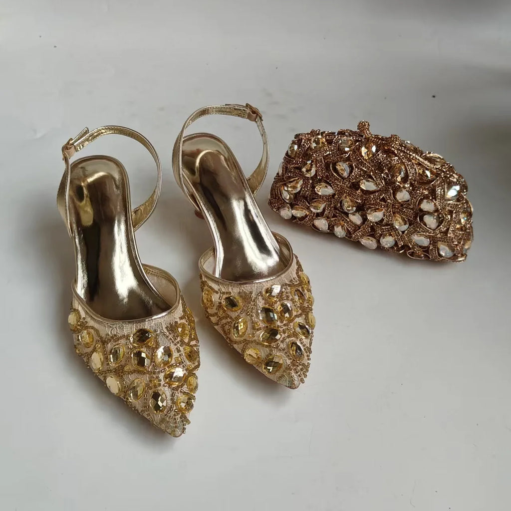 Full Diamond Pointed Baotou High Heels Sandals Crystal Rhinestones Wedding Dinner High Heels Shoes and purses