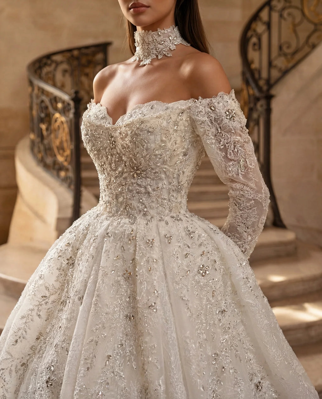 Luxury Crystal Beaded Prom Dresses Off Shoulder Long Sleeve A-line Wedding Dress Cathedral Tailored Retro Bride Dress Custom