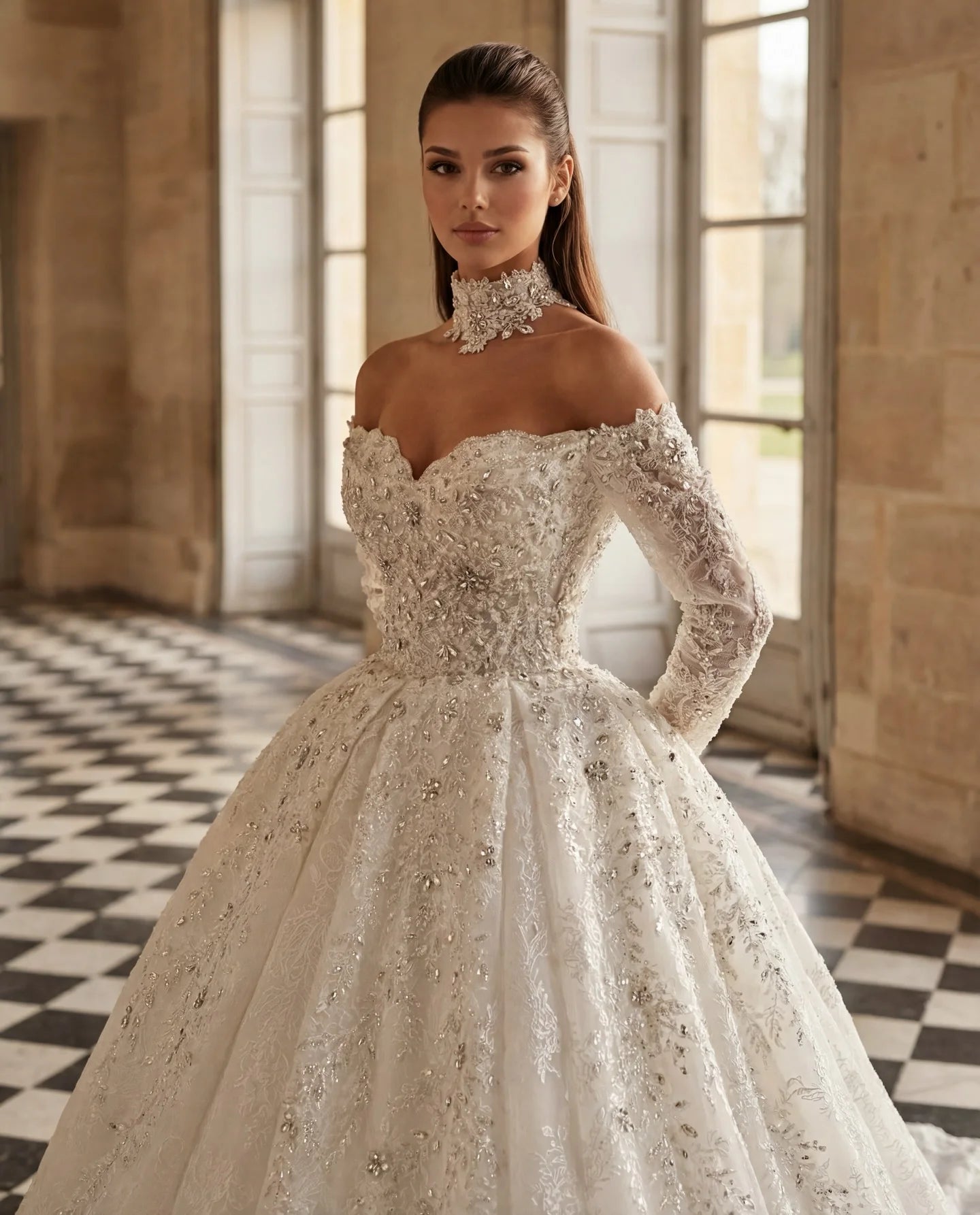 Luxury Crystal Beaded Prom Dresses Off Shoulder Long Sleeve A-line Wedding Dress Cathedral Tailored Retro Bride Dress Custom