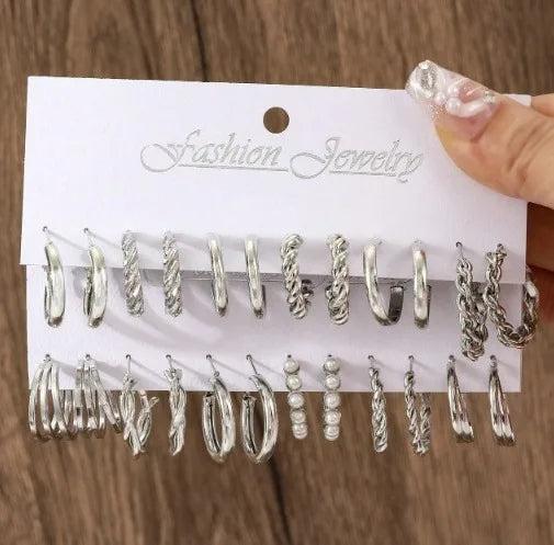 European and American metal earrings 24-piece set, fashionable and simple versatile alloy love pearl snake butterfly mushroom lo