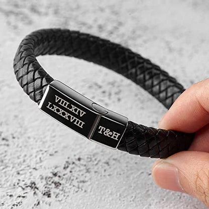 Herrenarmband mit eingravierten römischen Ziffern, geflochtenes Lederarmband