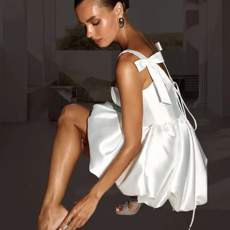 Customized Elegant Bridal Pleated Short Prom Dress Spaghetti Straps Wedding Dress With Bow Fashion Satin Mini vestido de novia