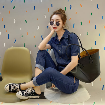 Sommer Neuer Kurzärmeliger Jumpsuit Overall Jeans Kleidung Damen