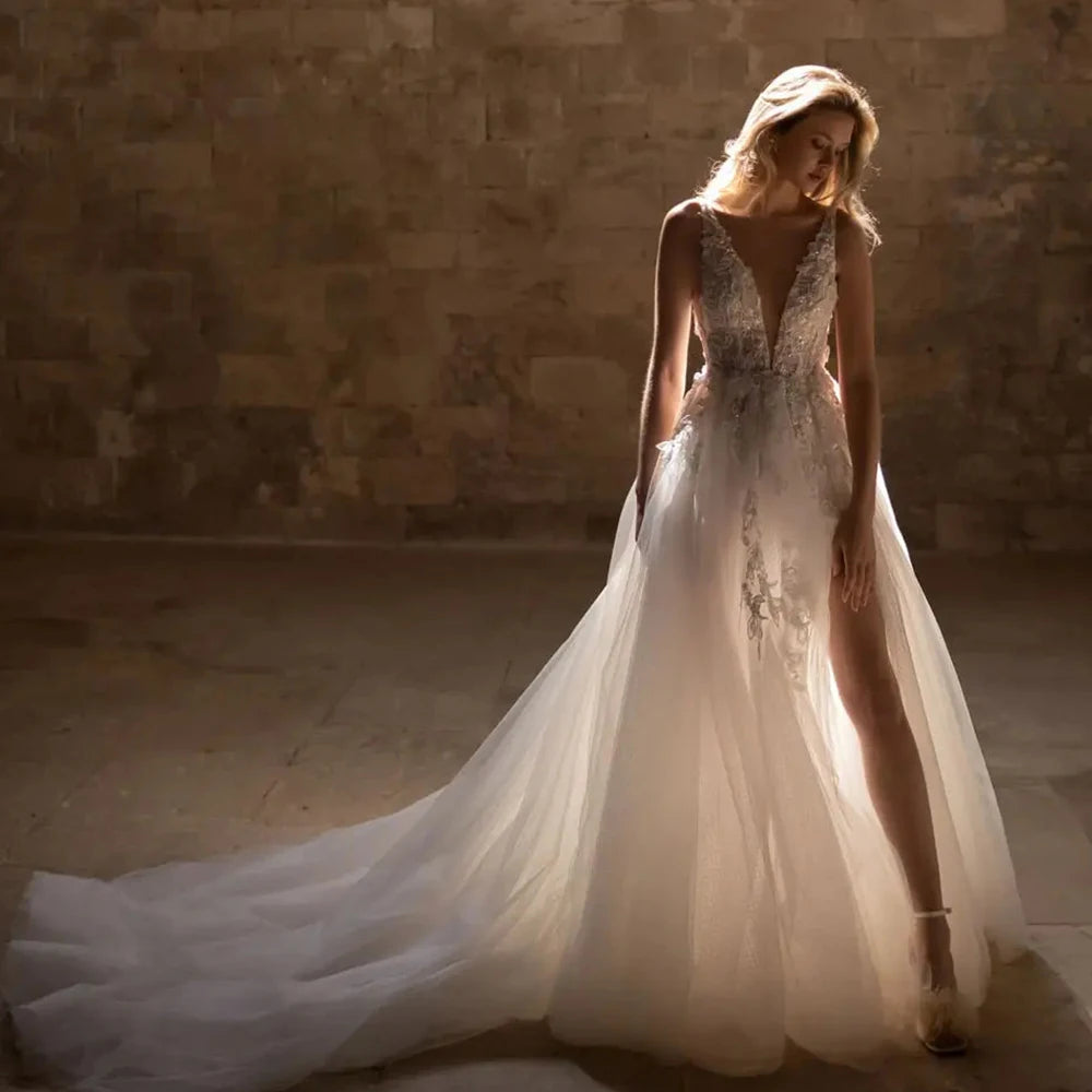 Exquisite V Neck Applique Wedding Dresses For Woman Sleeveless Side Silt Bridal Gowns Soft Tulles 2025 New vestidos de noviaEla