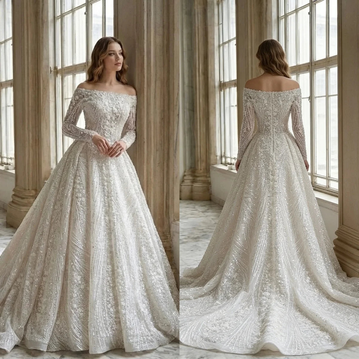 Custom Luxury Square Neck Long Sleeve Beaded Ball Gown Wedding Dress 2026 Cathedral Train Bridal Gown Plus Size Vestido De Novia