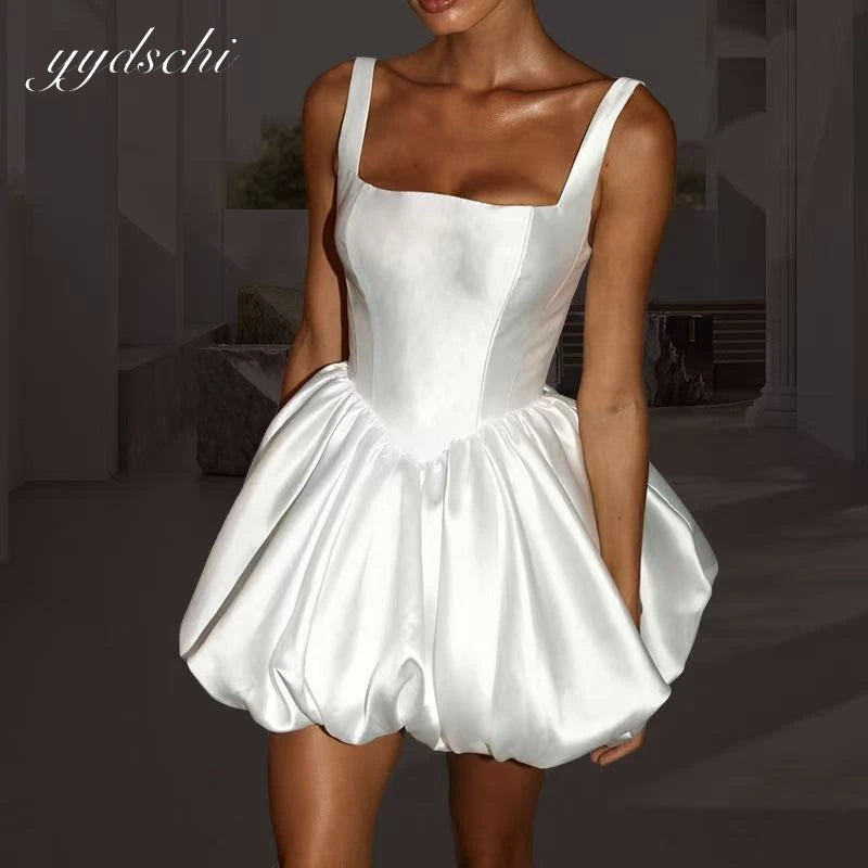 Customized Elegant Bridal Pleated Short Prom Dress Spaghetti Straps Wedding Dress With Bow Fashion Satin Mini vestido de novia