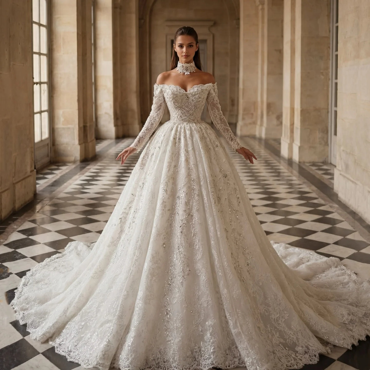 Luxus Kristallperlen Ballkleider schulterfrei Langarm A-Linie Hochzeitskleid Dom angepasst Retro Brautkleid Maßanfertigung