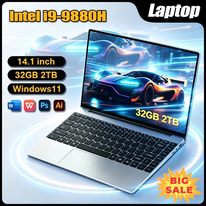 2026 14.1 Inch Ultra Thin Laptop 2026 Win11 Intel I9-9880H DDR4 16GB/32GB RAM 2TB SSD Portable Business Notebook