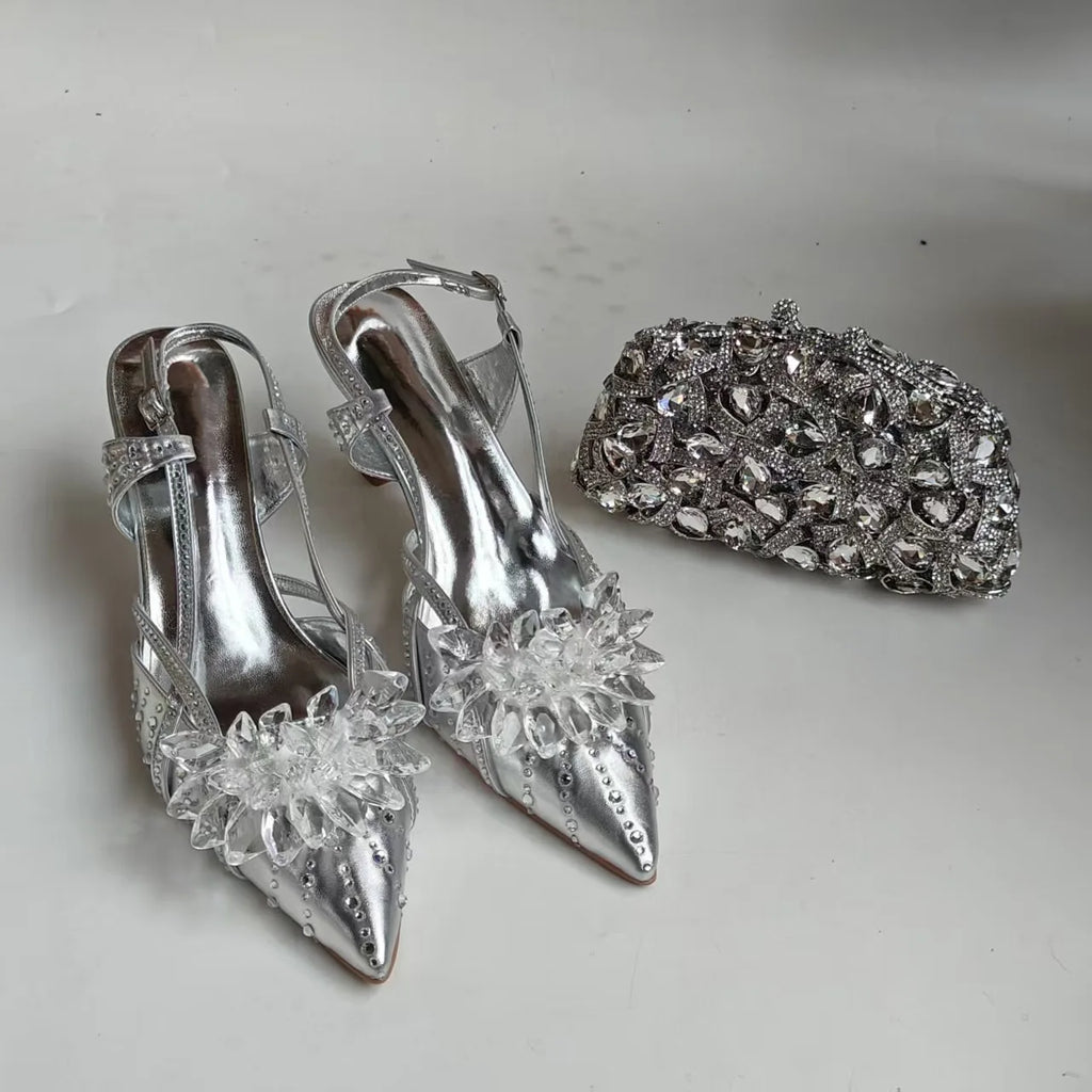 Full Diamond Pointed Baotou High Heels Sandals Crystal Rhinestones Wedding Dinner High Heels Shoes and purses