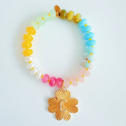 Color Garden Initial Bracelet – Bright Beads with Clover Charm Accent