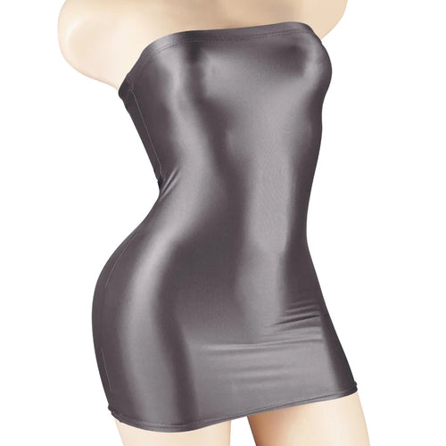Sexy Oil Satin Glossy Shiny Sheer Micro Mini Dress See Through Bodycon
