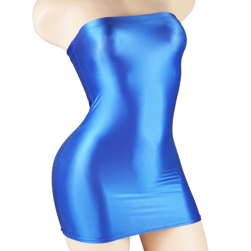 Sexy Oil Satin Glossy Shiny Sheer Micro Mini Dress See Through Bodycon