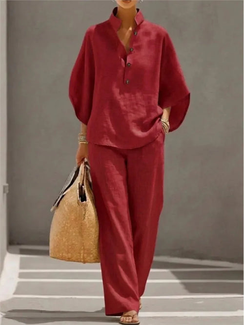 Fashion Cotton Linen Button Stand Collar 9 Quarter Sleeves Loose