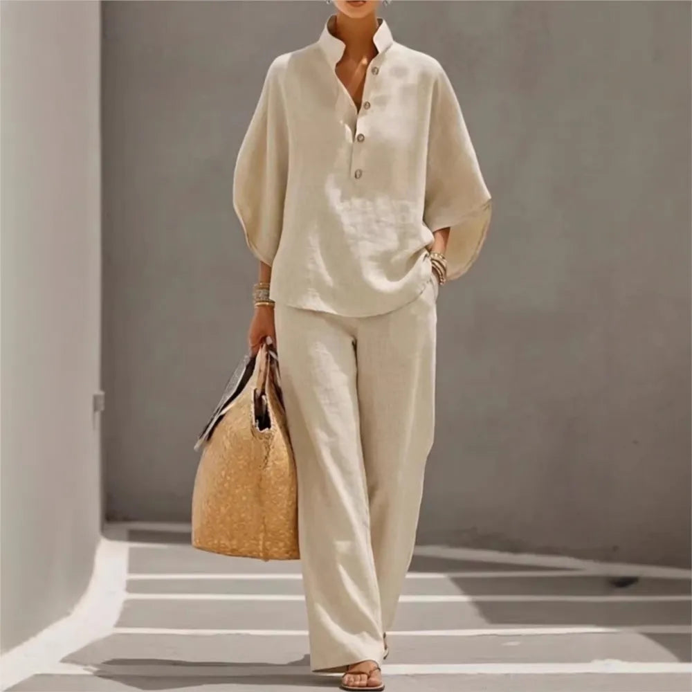 Fashion Cotton Linen Button Stand Collar 9 Quarter Sleeves Loose