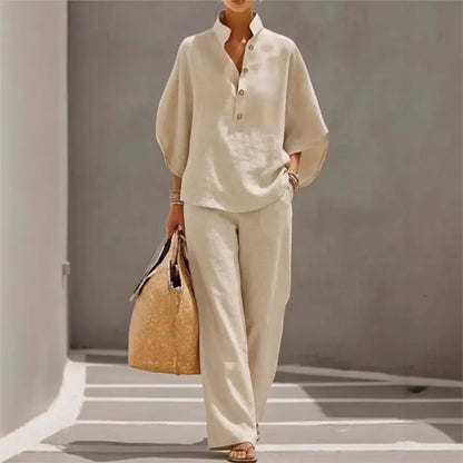 Fashion Cotton Linen Button Stand Collar 9 Quarter Sleeves Loose