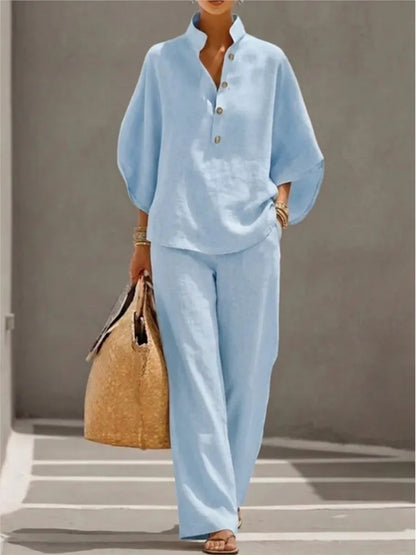 Fashion Cotton Linen Button Stand Collar 9 Quarter Sleeves Loose