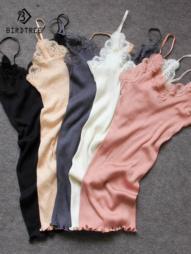 Birdtree 70% Silk 30% Cotton Lace Camisole Women French Knit Top